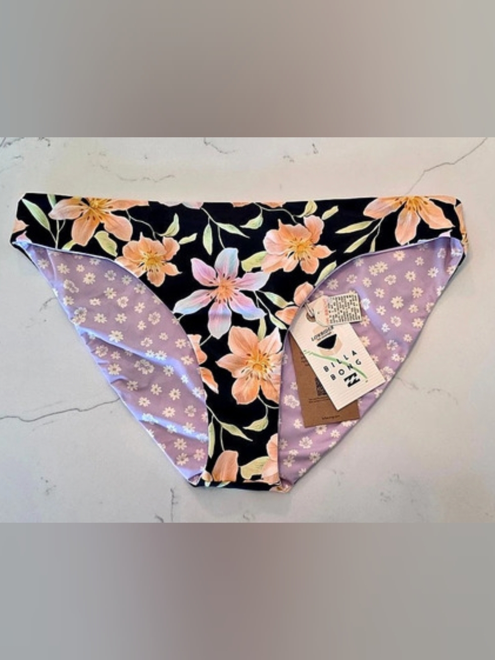 Billabong Twin Sol Rev Lowrider Bikini Swim Bottom Black Lavender Women Sz Large